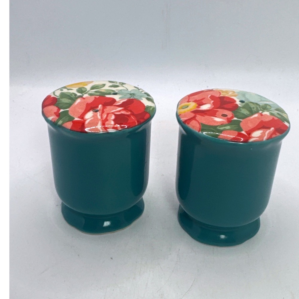 The Pioneer Woman Salt and Pepper Shakers Set Teal Floral Stoneware Excellent